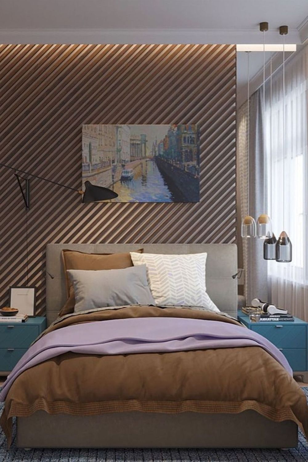 cтеновые панели декор для изголовья кровати в бежевом цвете при помощи 3D панелей