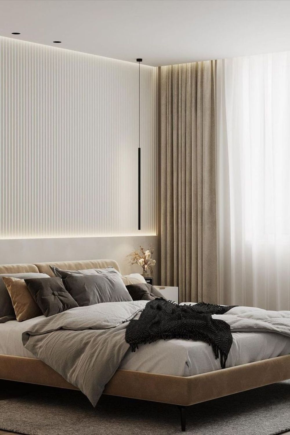 cтеновые панели дизайн стены над кроватью в спальне в стиле минимализм в белом цвете
